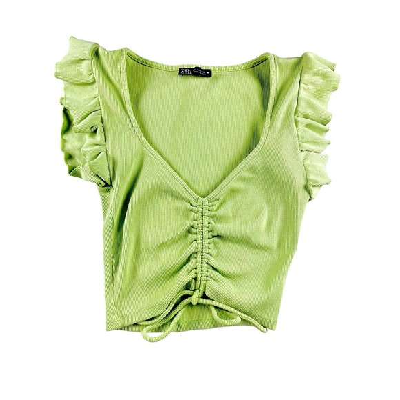 Zara Tops - ZARA Womens Green Ribbed Crop Top Size S Ruched Front Ruffle Sleeve Stretch